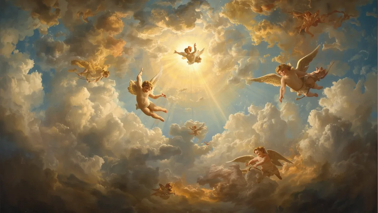 A painted heaven — angels among golden clouds, light breaking through